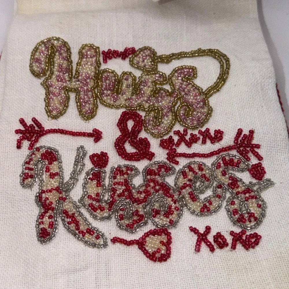 Beaded Valentine's Day Kitchen Towel Set Swans Hugs Kisses Romantic